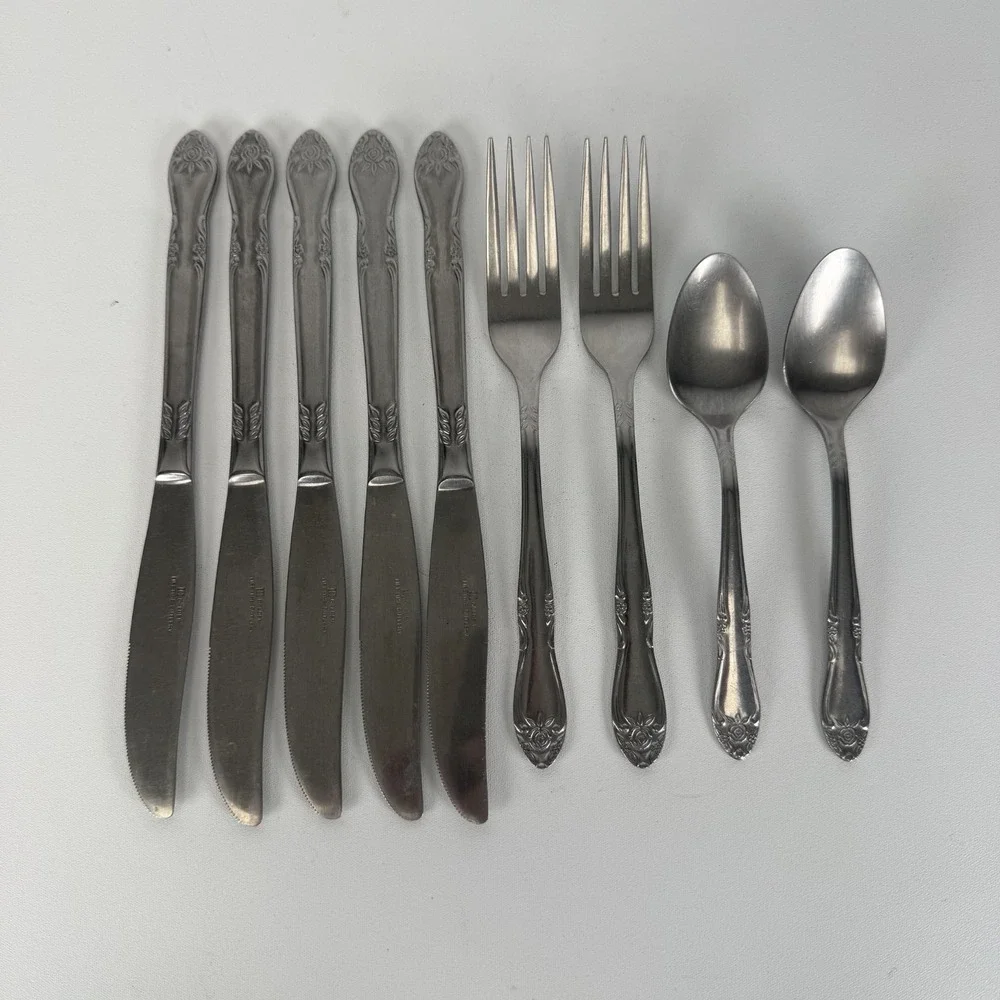 Vintage Golden Lifetime Cutlery Stainless Steel Floral Rose Set of 9 Flatware